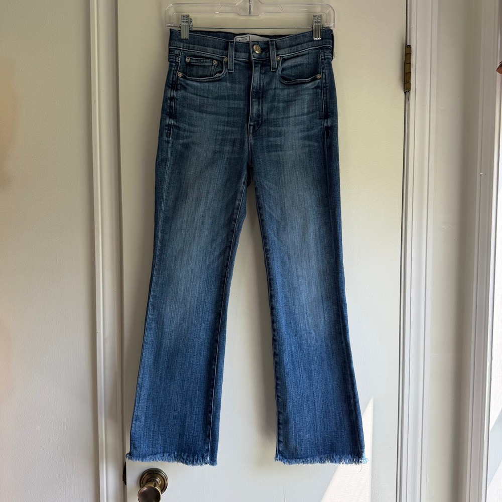 AYR The Pop High Rise Cropped Flare Raw Hem Jeans Medium Wash Blue 27S
